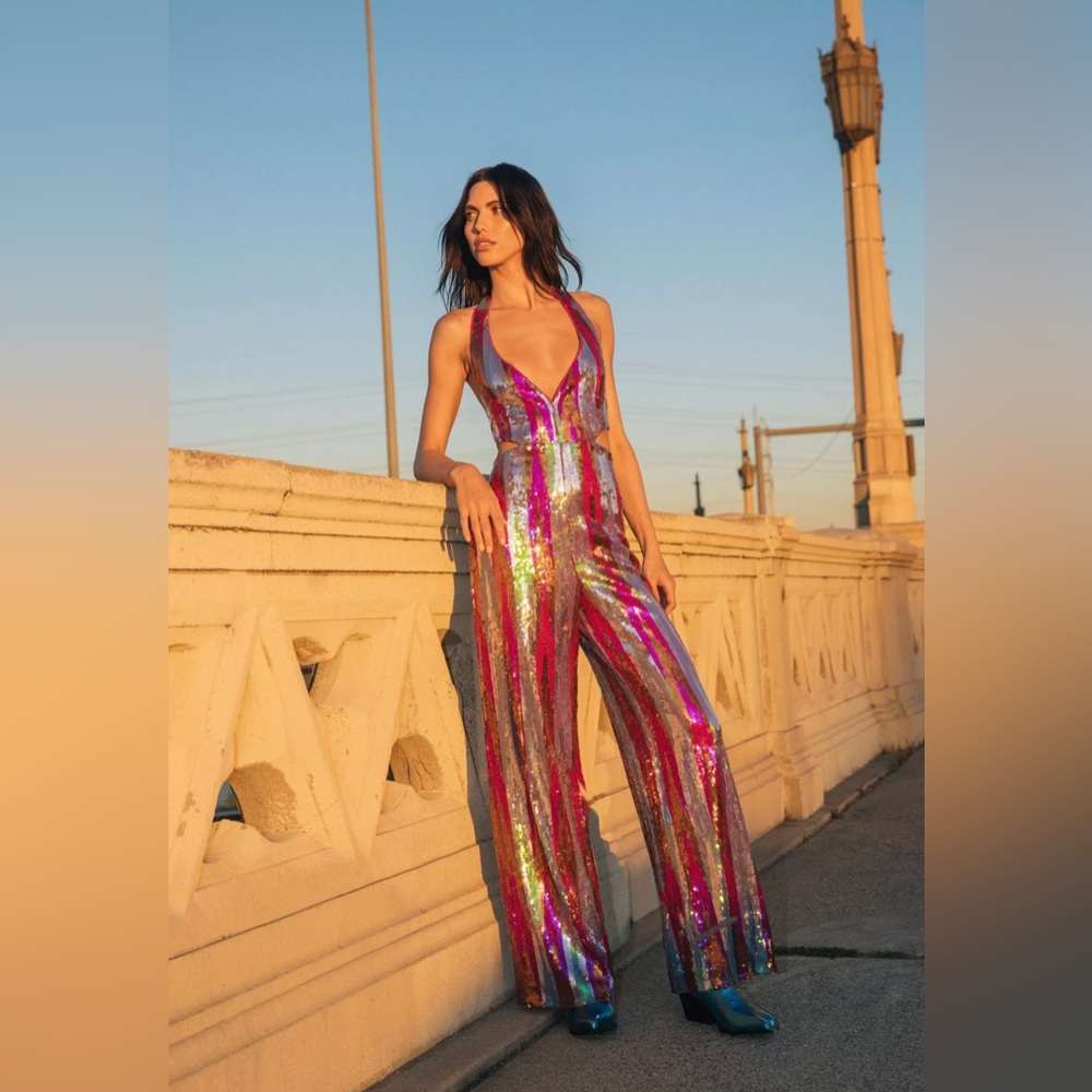 Nasty Gal Stripe Sequin Halterneck Wide Leg Jumpsuit